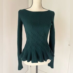 Oscar de la Renta Green Ribbed Peplum Sweater